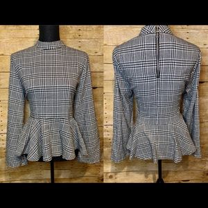 Topshop Black&White Tweed/Plaid Pattern Peplum Top